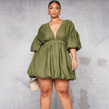 Plus Size V Neck Puff Sleeve Mini Dress NNWF-8230