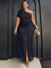Plus Size Slash Neck Ruched Split Maxi Dress NNWF-8213