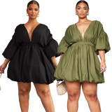 Plus Size V Neck Puff Sleeve Mini Dress NNWF-8230