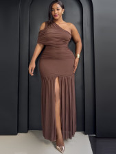 Plus Size Slash Neck Ruched Split Maxi Dress NNWF-8213