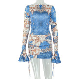 Color Block Printed Long Sleeve Two Piece Skirts Set GJYO-JSD711209
