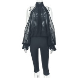 Solid Color Mesh Off Shoulder Two Piece Pants Set GJYO-JS919277