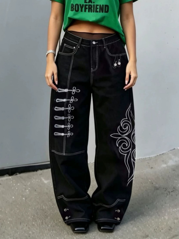 Plus Size Totem Embroidered Wide Leg Jeans ﻿ GYLN-2268