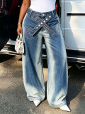 Plus Size Irregular Belt Embroidered Pocket Jeans ﻿ GYLN-1010