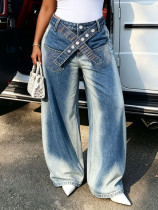 Plus Size Irregular Belt Embroidered Pocket Jeans ﻿ GYLN-1010