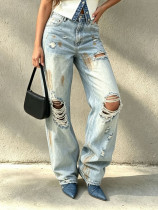 Plus Size Holes Graffiti Raw Edge Jeans GYLN-1090