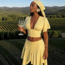 V Neck Solid Color Two Piece Skirts Set(With Headscarf) GJYO-JSD711988