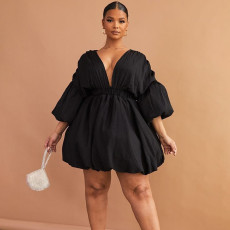 Plus Size V Neck Puff Sleeve Mini Dress NNWF-8230