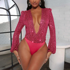 Deep V Neck Sequin Bodysuit GNZD-6896TR
