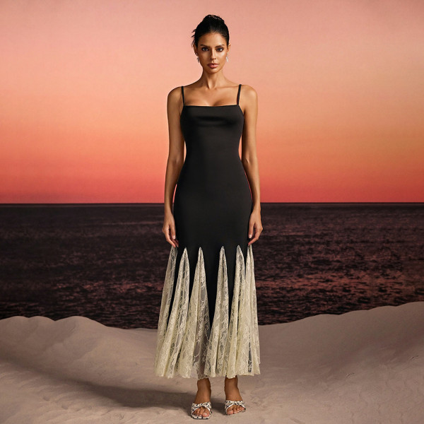 Color Block Lace Square Neck Maxi Dress GAXB-D644DS