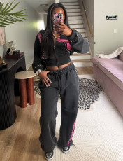 Bead Zipper ﻿Hooded Sweatshirts Two Piece Pants Set GKYS-3095-01