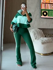 Contrast Color Short Sleeve Two Piece Pants Set SH-391701