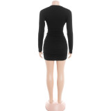 Solid Color V Neck Ruched Mini Dress GAXB-D339DS