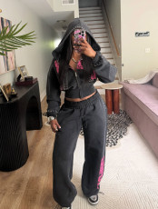 Bead Zipper ﻿Hooded Sweatshirts Two Piece Pants Set GKYS-3095-01