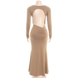 Solid Color Long Sleeve Backless Maxi Dress GAXB-D487DS