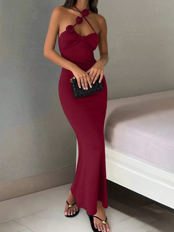 3D Rose Cross Shoulder Strap Maxi Dress GAXB-W579DS