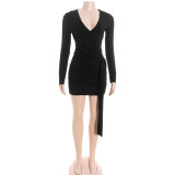 Solid Color V Neck Ruched Mini Dress GAXB-D339DS