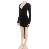 Solid Color V Neck Ruched Mini Dress GAXB-D339DS