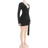 Solid Color V Neck Ruched Mini Dress GAXB-D339DS
