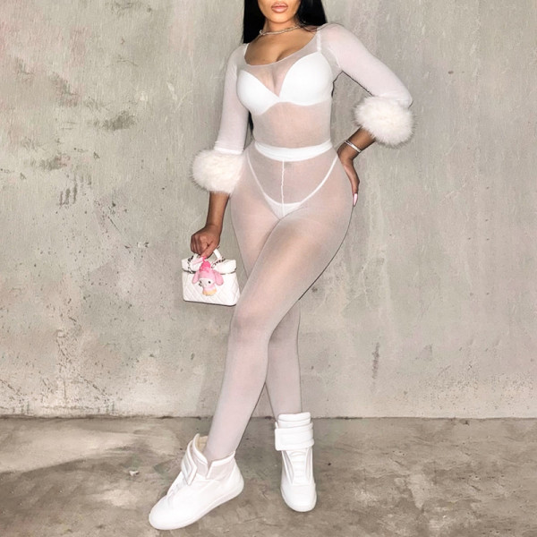 See Through Mesh Fur Sleeve Two Piece Pants Set MXBF-Q26ST253