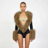 Deep V Neck Fur Patchwork Bodysuit GDSF-Q26BS256