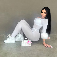 See Through Mesh Fur Sleeve Two Piece Pants Set MXBF-Q26ST253