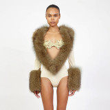 Deep V Neck Fur Patchwork Bodysuit GDSF-Q26BS256
