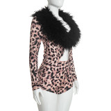 Leopard Printed Long Sleeve Two Piece Shorts Set GDSF-C26ST409