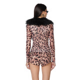 Leopard Printed Long Sleeve Two Piece Shorts Set GDSF-C26ST409