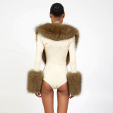 Deep V Neck Fur Patchwork Bodysuit GDSF-Q26BS256