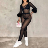 See Through Mesh Fur Sleeve Two Piece Pants Set MXBF-Q26ST253