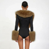 Deep V Neck Fur Patchwork Bodysuit GDSF-Q26BS256