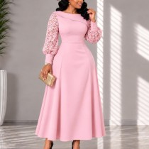 Plus Size Lace Patchwork Long Sleeve Midi Dress GMLF-3394