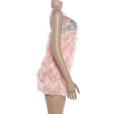 Backless Fur Sequin Sling Mini Dress XEF-K6D19836A