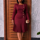 Plus Size Solid Color Pleated Midi Dress GCZF-8679