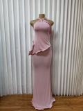 Off Shoulder Halterneck Ruffles Maxi Dress GMYU-11548