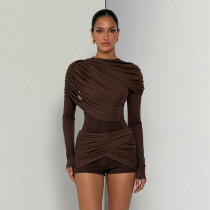 Long Sleeve Solid Color Ruched Mini Dress GSZM-C26RP411