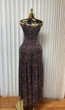 Mesh Leopard Printed V Neck Sling Maxi Dress GMYU-10568