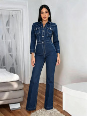 Long Sleeve Lapel Denim Jumpsuit OSM-4508