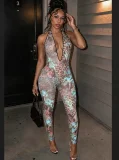 Deep V Neck Halterneck Mesh Leopard Jumpsuit GTGE-MH1039