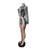 Snake Printed Long Sleeve Two Piece Shorts Set MEM-88731