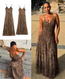 Mesh Leopard Printed V Neck Sling Maxi Dress GMYU-10568