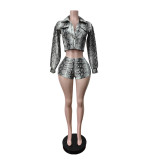 Snake Printed Long Sleeve Two Piece Shorts Set MEM-88731
