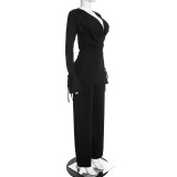 Deep V Neck Tie Up Top Two Piece Pants Set GDSF-J26ST492