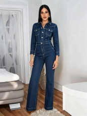 Long Sleeve Lapel Denim Jumpsuit OSM-4508