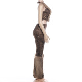 Fluffy Patchwork Sexy Vest Two Piece Pants Set XEF-K6S15085A