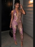 Deep V Neck Halterneck Mesh Leopard Jumpsuit GTGE-MH1039