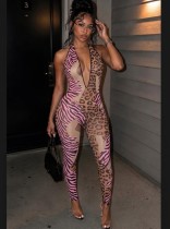Deep V Neck Halterneck Mesh Leopard Jumpsuit GTGE-MH1039