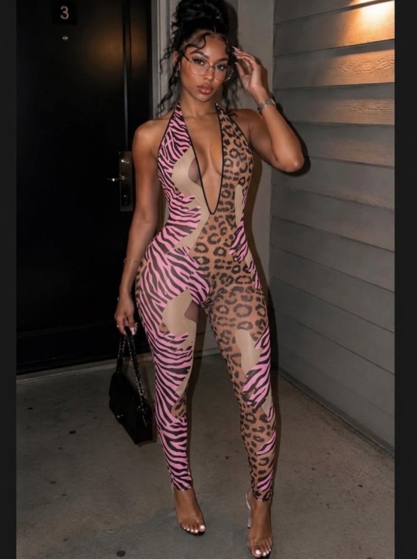 Deep V Neck Halterneck Mesh Leopard Jumpsuit GTGE-MH1039