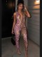 Deep V Neck Halterneck Mesh Leopard Jumpsuit GTGE-MH1039